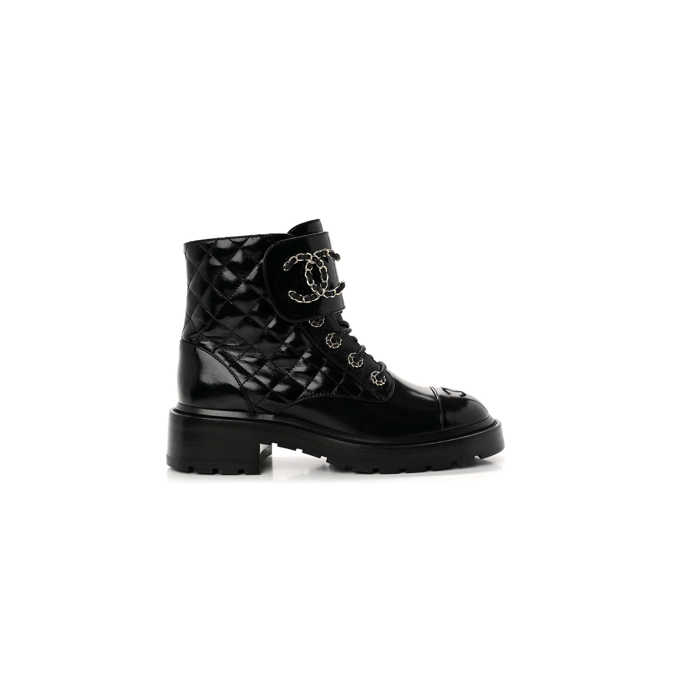 Ch**el shiny calfskin quilted lace up combat boots g36424